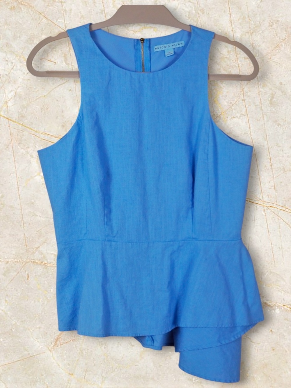 Antonio Melani Baby Blue Peplum Asymmetrical Sleeveless Top Women Size M Preppy